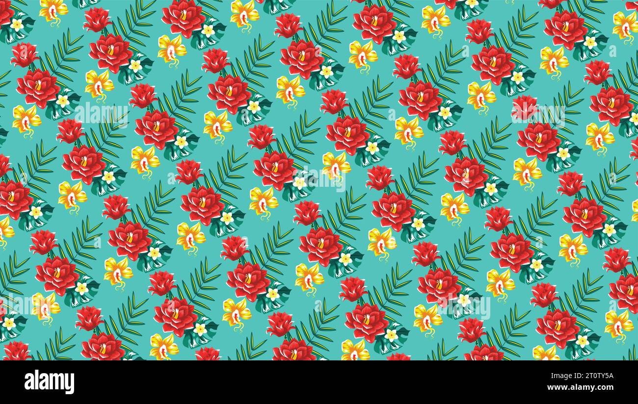 Tropical pattern with flowers on the blue background.  Stock Vector