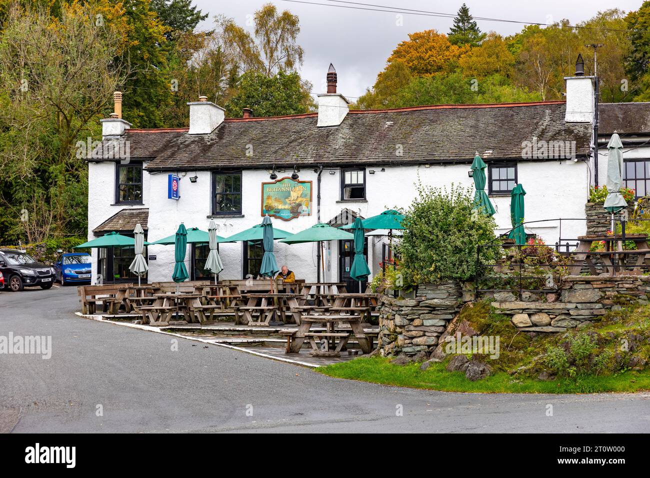 Elterwater Lake District national park, The Britannia Inn public house pub and accommodation,Cumbria,England,UK Stock Photo