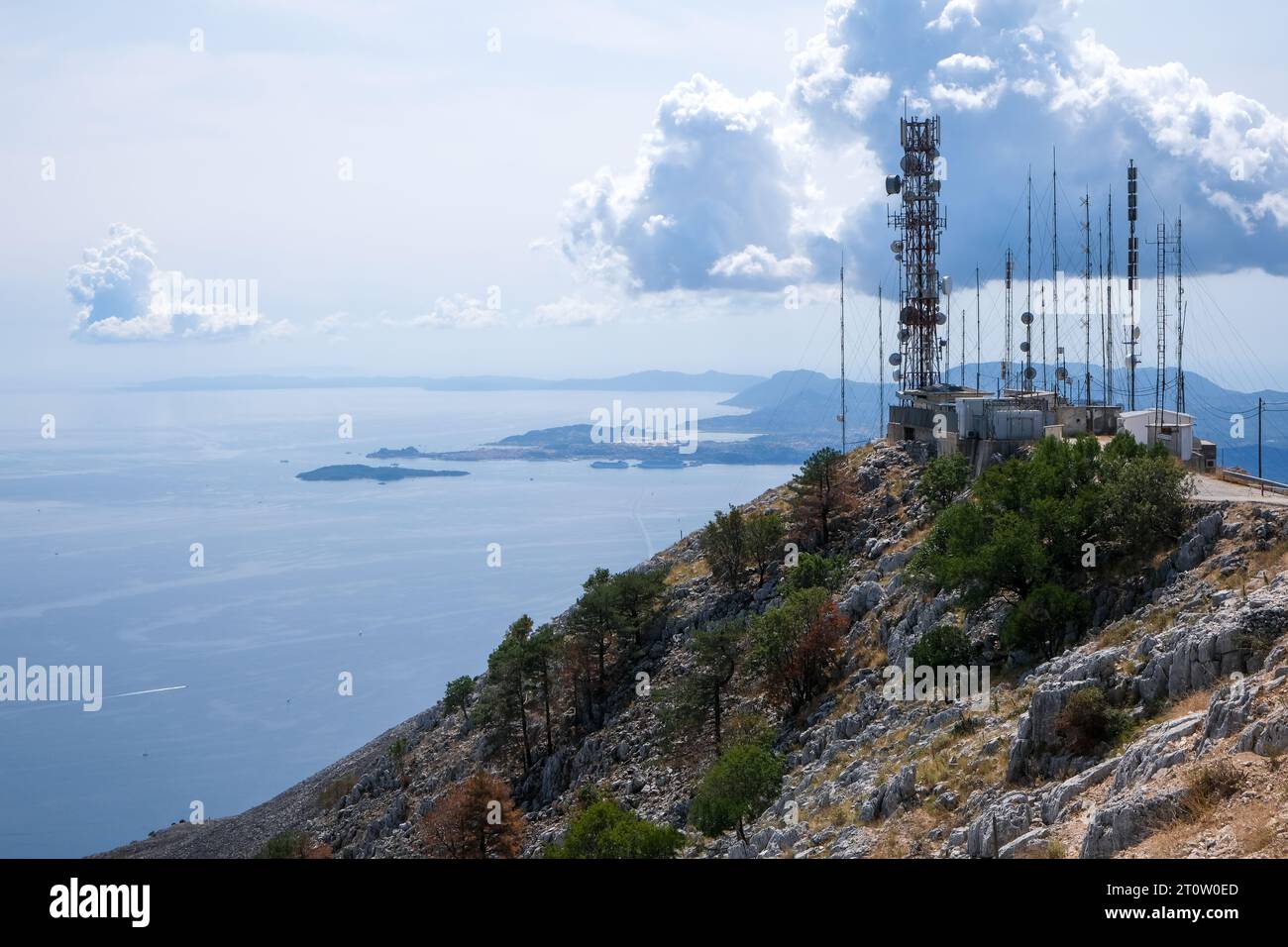 Pantokrator, Corfu, Greece - Antenna installation on the mountain Pantokrator with view over the Ionian Sea towards the airport of Corfu Town. The Pan Stock Photo