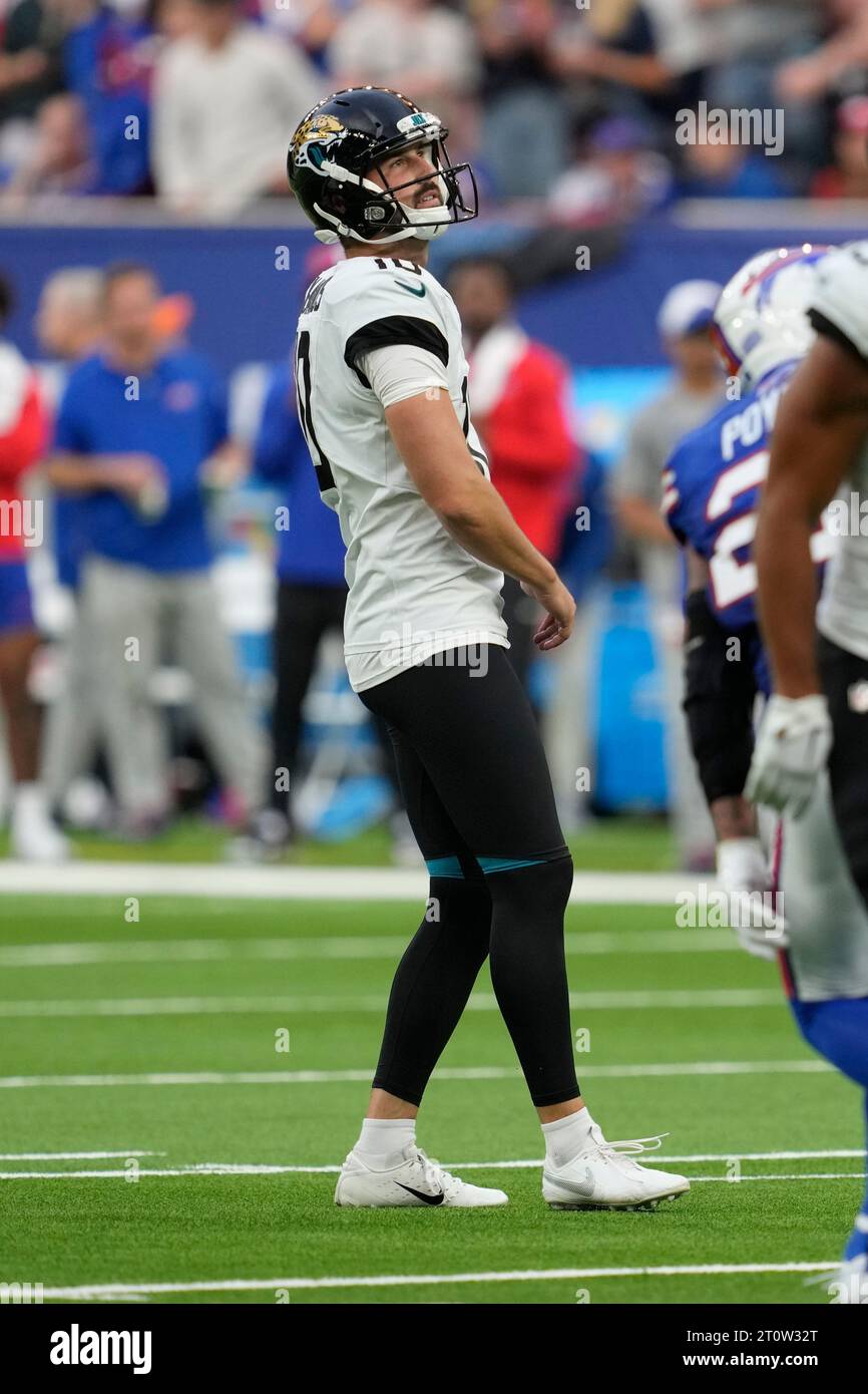 Jacksonville Jaguars place kicker Brandon McManus (10) watches his kick