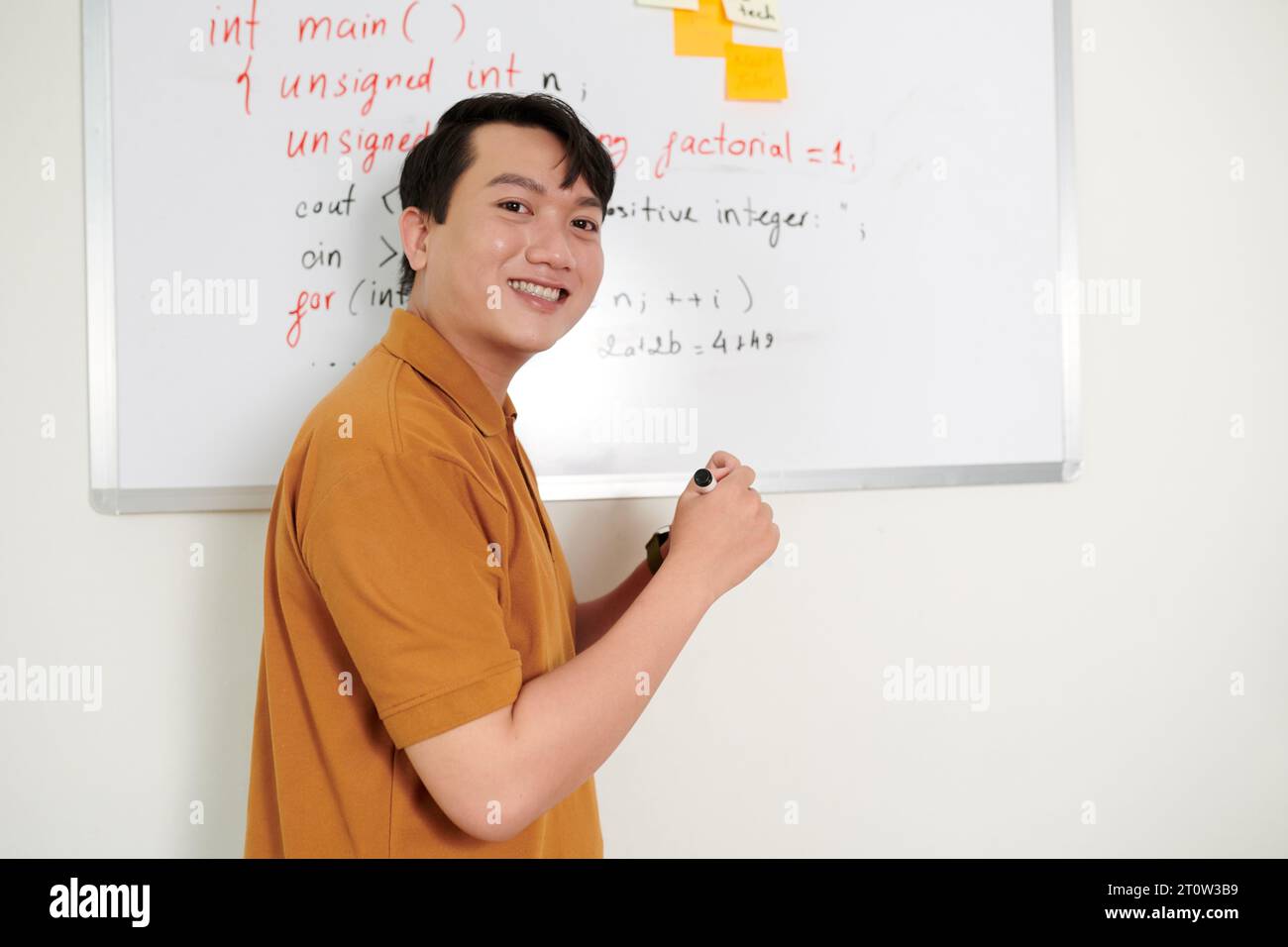 Portrait of cheerful developer standing at whiteboard with programming code Stock Photo