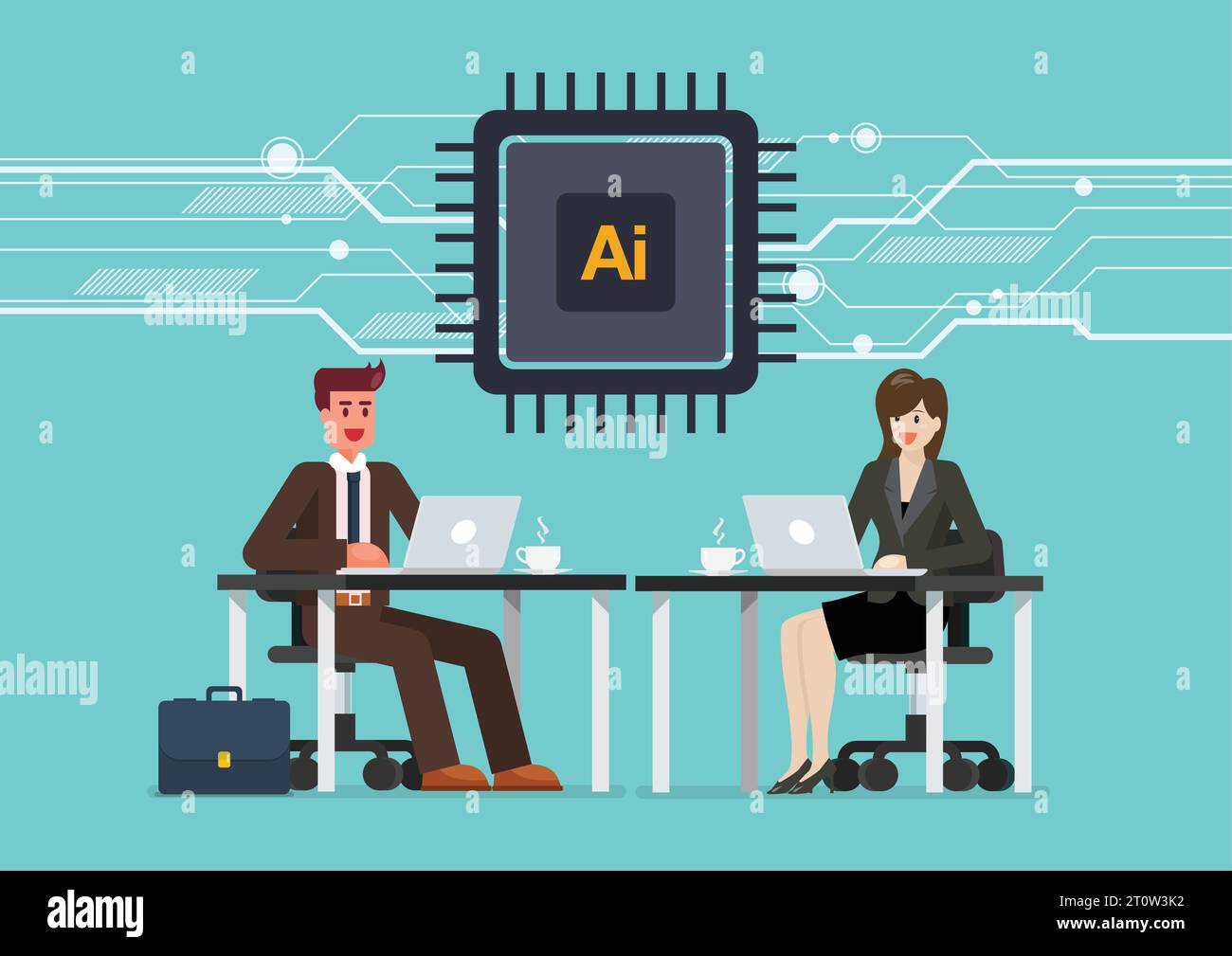 Businessman and woman are working on a laptop computer at office desk with AI chip cpu icon. AI processor icon. AI artificial intelligence chip. Vecto Stock Vector