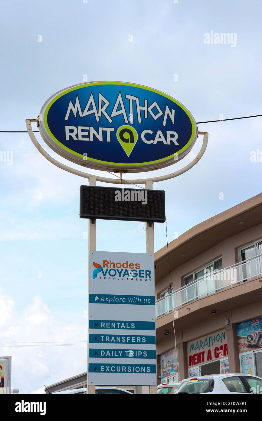 Marathon Rent a Car business office sign informing tourist people of store location Stock Photo