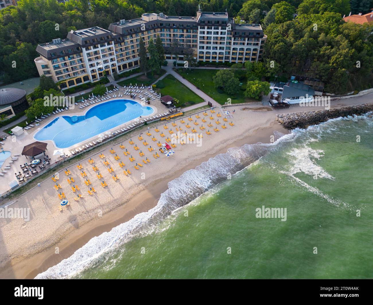 Aerial top view of the beach and hotels in Golden Sands, Zlatni Piasaci. Varna, Bulgaria Stock Photo