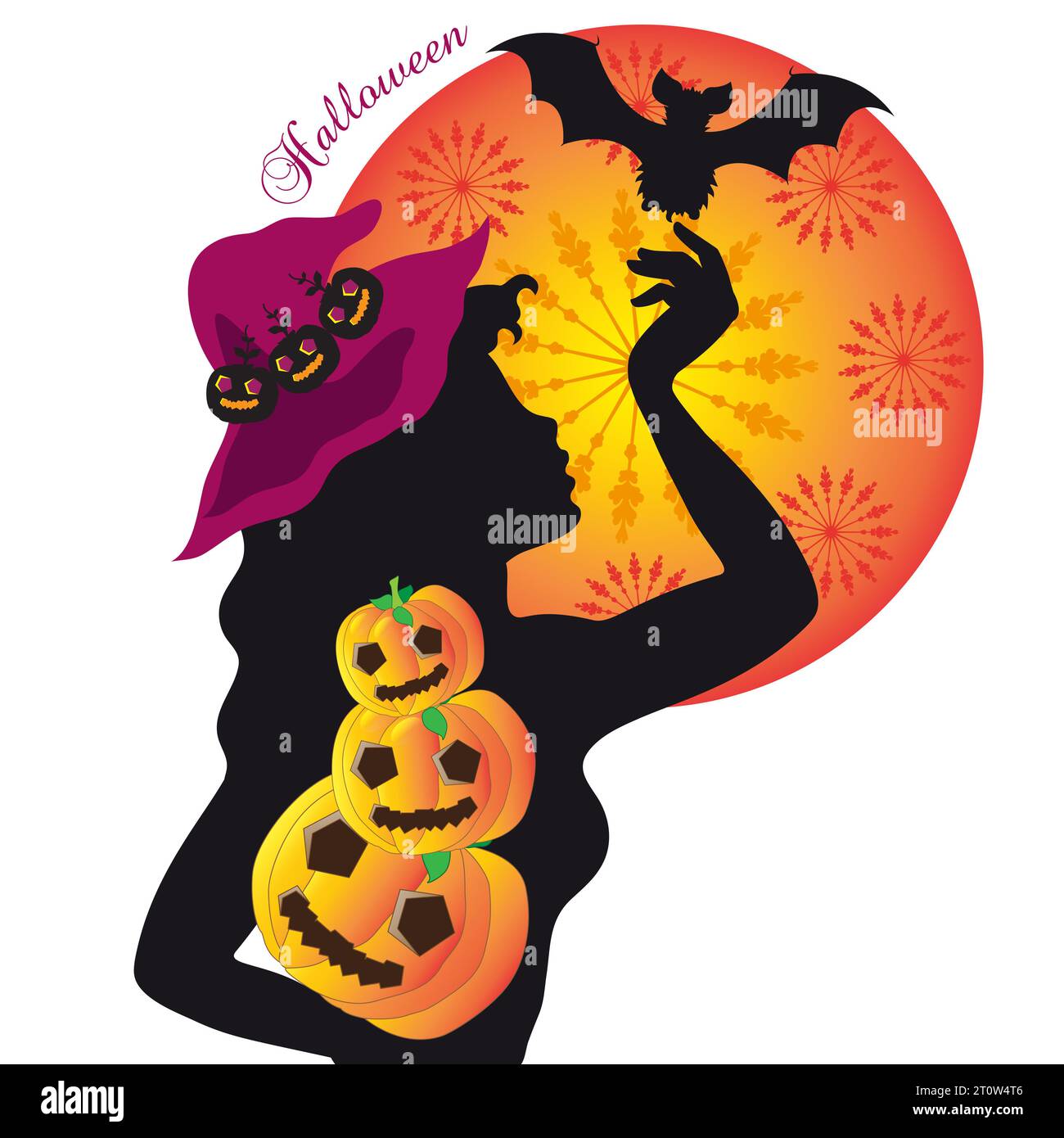 illustration with witch and halloween symbols for poster Stock Photo