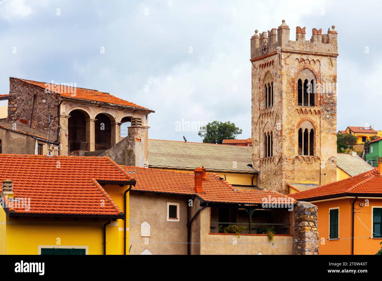 The bell tower (campanile) of Saint Martino parish church dating back to the 14th century, Toirano, Liguria region, Italy. Stock Photo