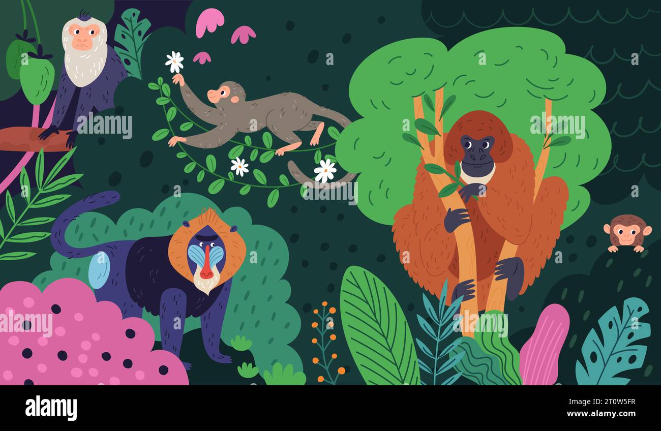 Monkeys in jungle. Funny cartoon animal characters in colorful tropical