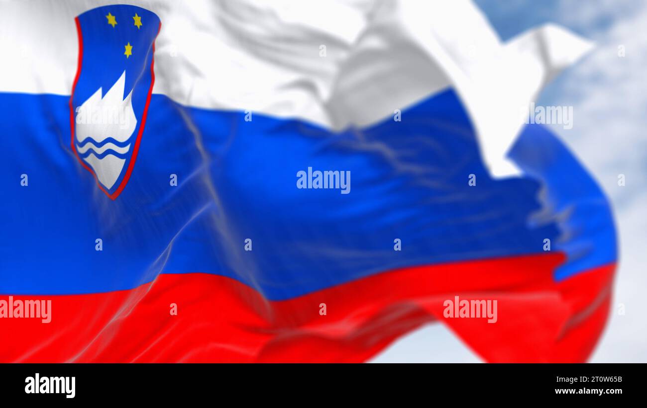 Close-up of Slovenia national flag waving in the wind. Three equal horizontal white, blue, and red bands, with national coat of arms. 3d illustration Stock Photo