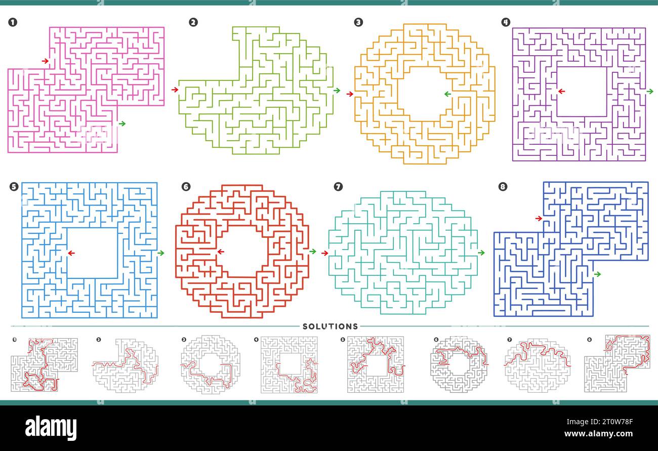 Illustration of maze puzzle activities graphs set with solutions Stock