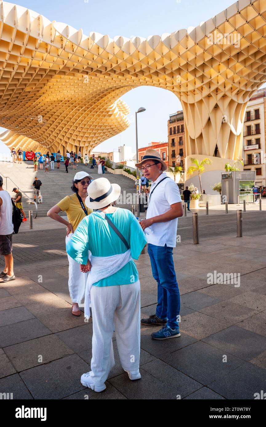 Seville, Spain, Medium Crowd People, Tourists Visiting, Street Scenes, Modern Architecture, 'mushroom Monument of Seville Parasol', Stock Photo