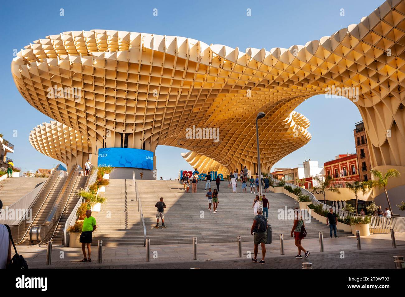 Seville, Spain, Medium Crowd People, Tourists Visiting, Street Scenes, Modern Architecture, 'mushroom Monument of Seville Parasol', climate change Stock Photo