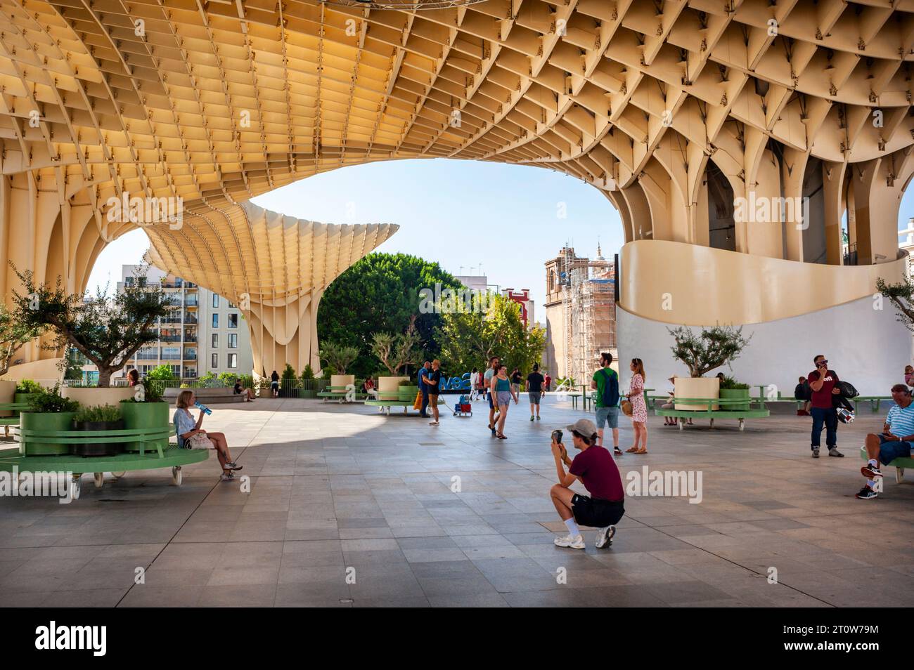Seville, Spain, Medium Crowd People, Tourists Visiting, Street Scenes, Modern Architecture, 'mushroom Monument of Seville Parasol', climate change, Stock Photo