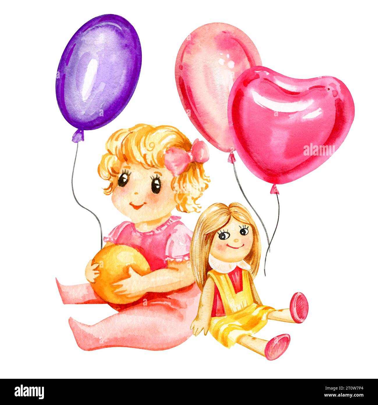 Watercolor hand drawn sitting baby girl in a pink jumpsuit with a ball, a doll and colorful balloons, sketch of newborn theme isolated on white backgr Stock Photo