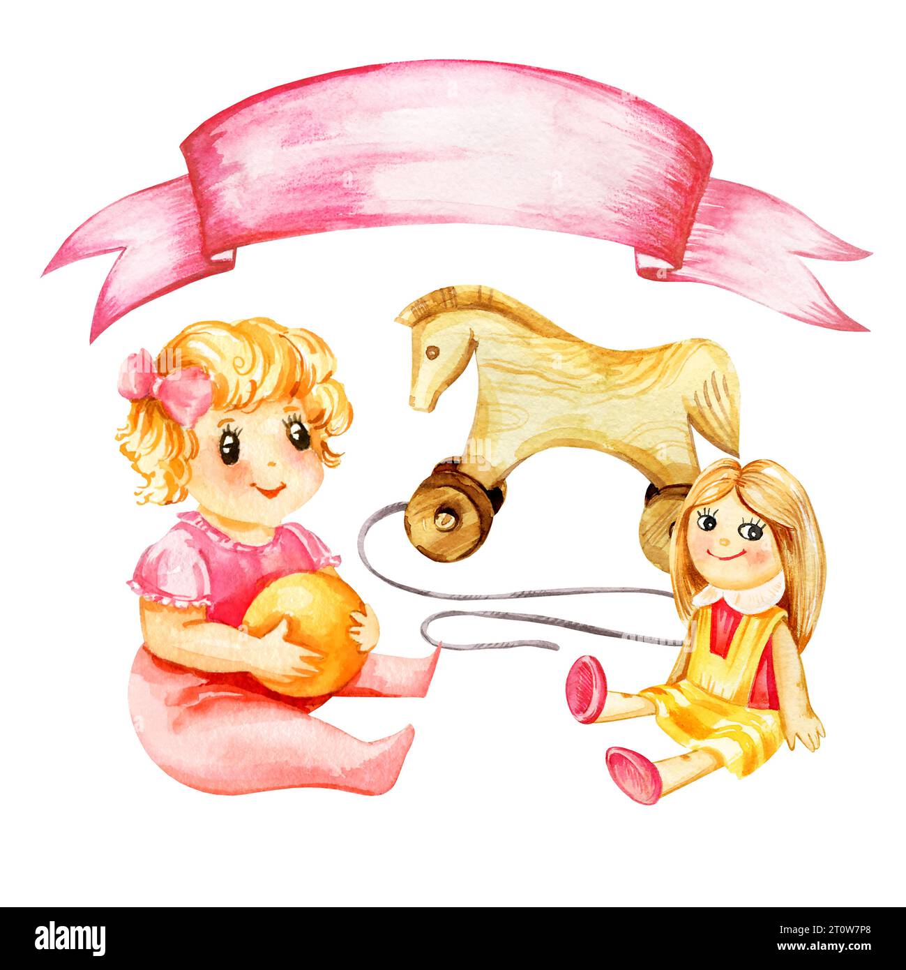 Watercolor hand drawn sitting baby girl in a pink jumpsuit with a ball, a doll, wooden horse and pink ribbon for text, sketch of newborn theme isolate Stock Photo