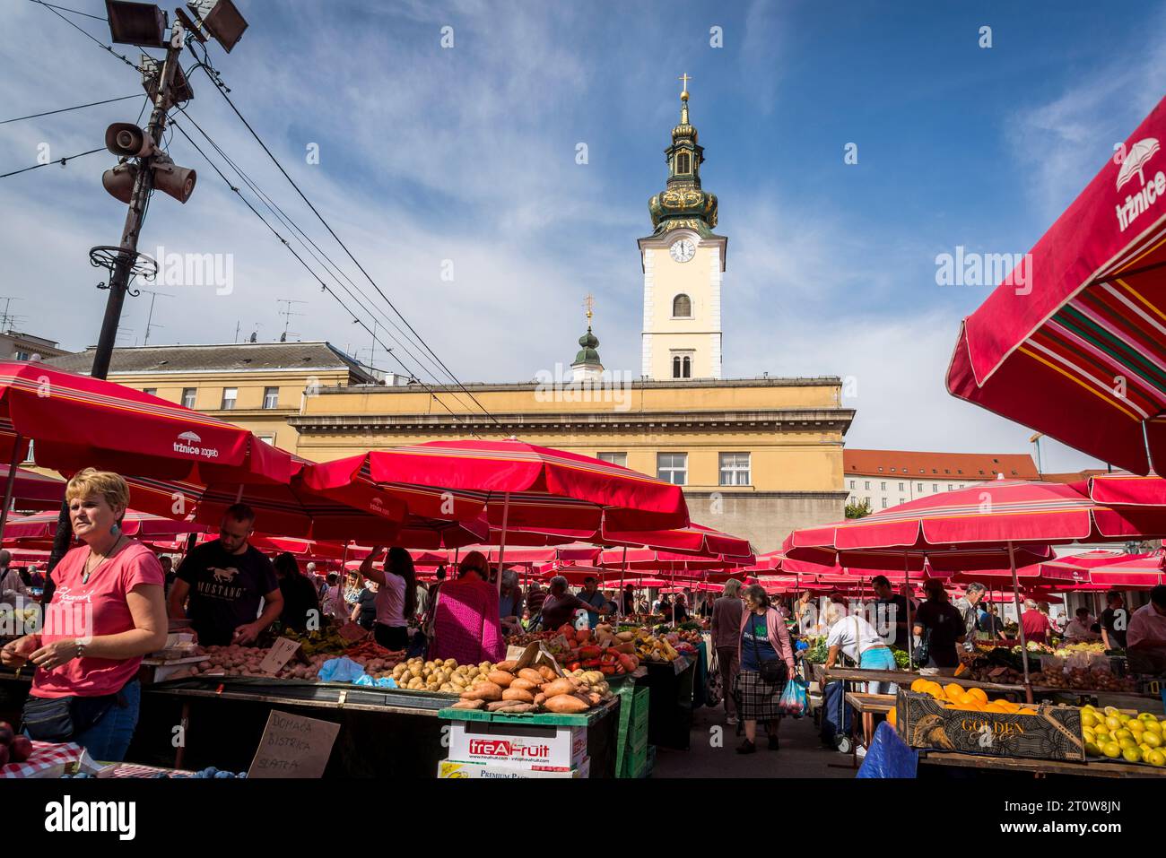 Dolac Market, traditional fruit and vegetable market, and the Baroque church tower of St Mary's Church, Zagreb, Croatia Stock Photo