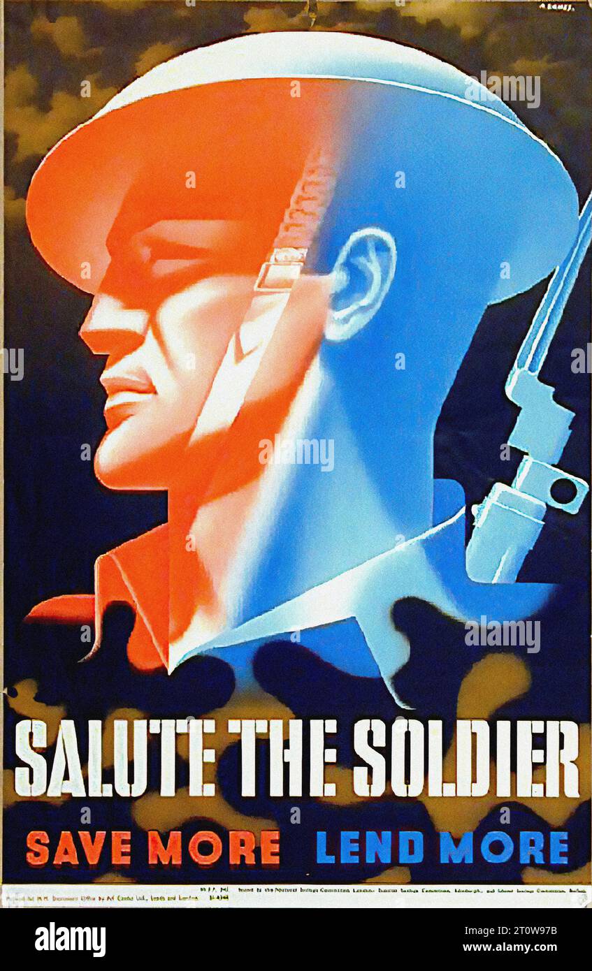 British propaganda , World War II era - “Salute the Soldier, Save More, Lend More”  This image is a vintage British World War II propaganda poster in portrait orientation. It features a striking profile of a soldier wearing a helmet against a black background. The soldier’s face is depicted in red and his helmet in blue, adhering to the poster’s red, white, and blue color scheme. The bold white text, ‘Salute the Soldier, Save More, Lend More’, stands out prominently against the black background. The poster is bordered by a white frame and includes small text at the bottom that reads ‘Printed f Stock Photo