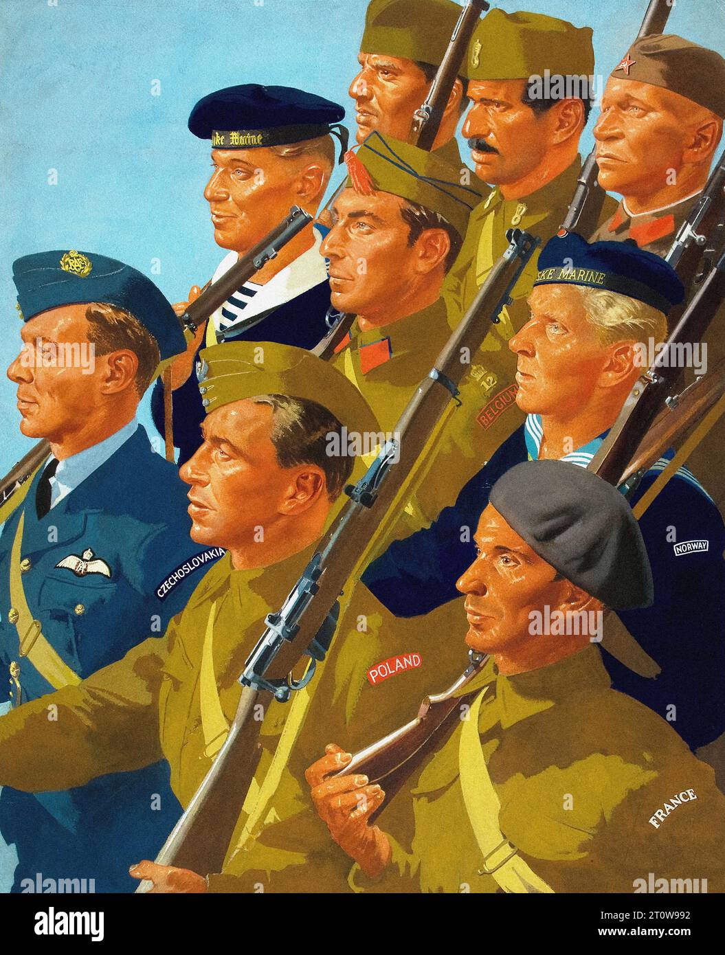 British propaganda , World War II era - “Your courage, Your cheerfulness, Your resolution will bring us victory”  British World War II propaganda poster featuring a group of soldiers from different countries marching together with their rifles. The countries represented are Great Britain, France, Poland, Czechoslovakia, Norway and Yugoslavia. The soldiers are depicted in a stylized, graphic manner with bold colors and strong lines against a bright blue sky. The text on the poster reads “Your courage, Your cheerfulness, Your resolution will bring us victory”. Stock Photo