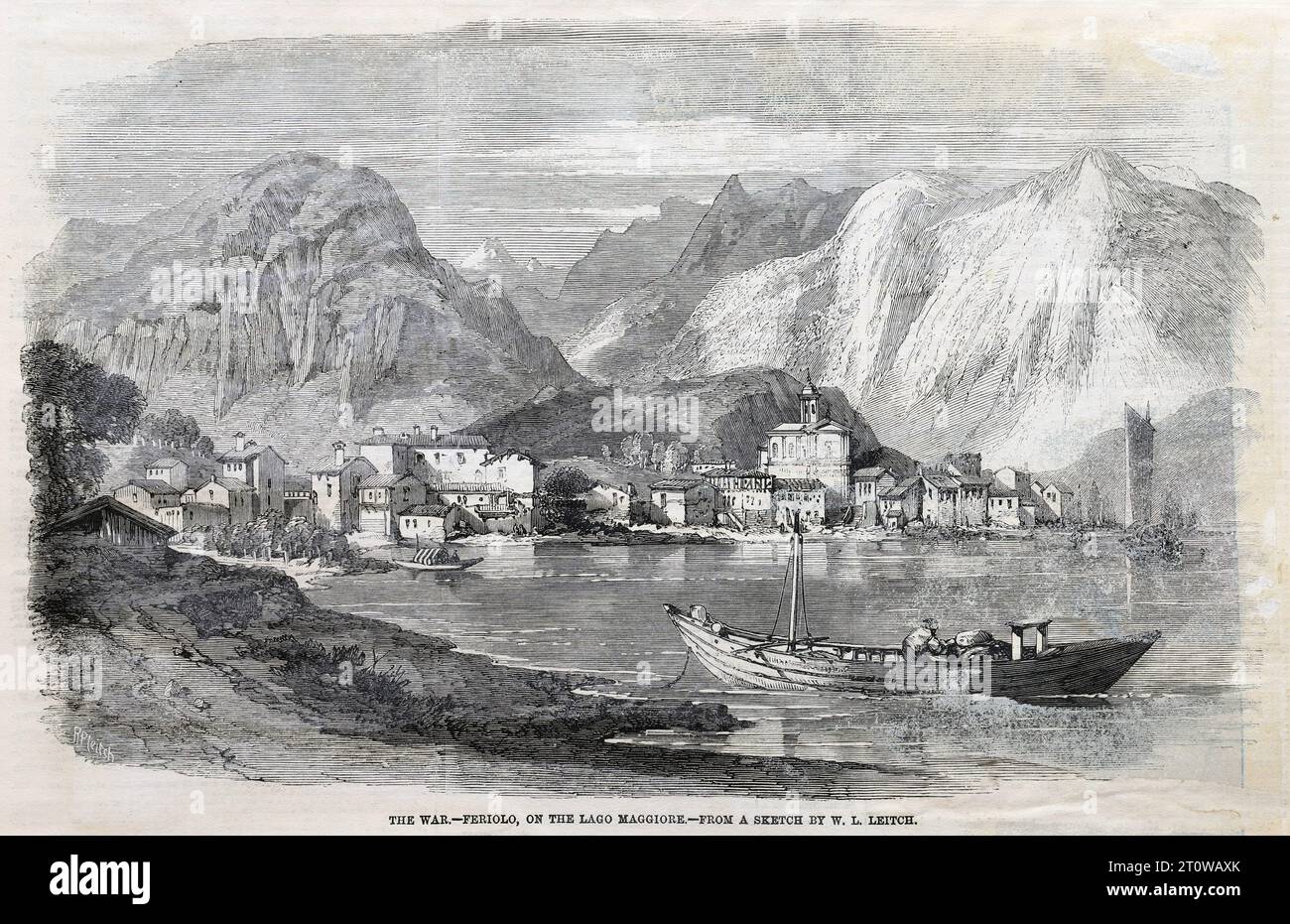 Second War of Italian Independence 1859: Feriolo on Lake Maggiore, Italy. Black and White Illustration from the London Illustrated News; 24th June 1859. Stock Photo