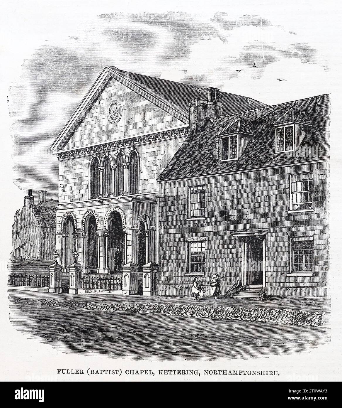Fuller Baptist Church, Kettering, Northamptonshire. Opened in September 1861, the new chapel was built on the site of a previous edifice, and named after Andrew Fuller who was instrumental in enlarging the Baptist congregation of Kettering from 1782 until his death in 1815. Black and White Illustration from the London Illustrated News; October 1861. Stock Photo