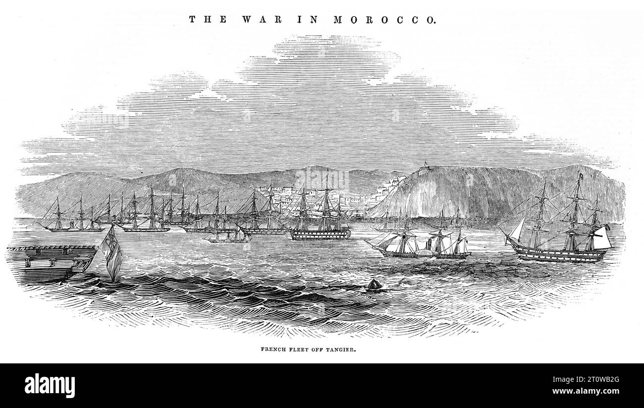 First Franco Morrocan War, 6th August 1844. The French Navy under command of François d'Orléans, Prince of Joinville attacked the Moroccan city of Tangier. Black and White Illustration from the London Illustrated News; August 1844. Stock Photo
