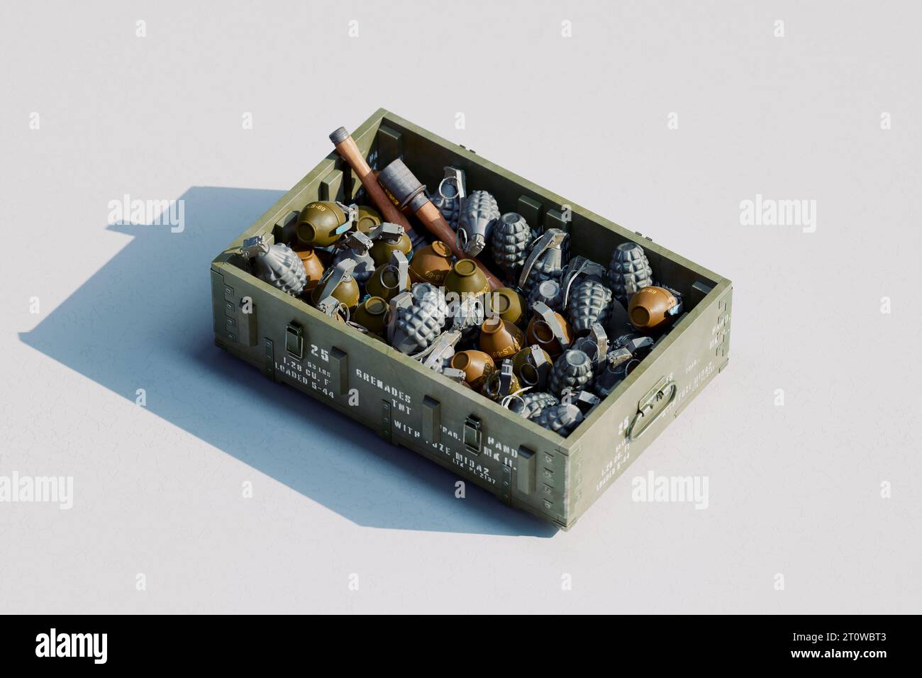 Ammunition box full of various types of grenades. Lemon, pineapple, and stick grenade piled up