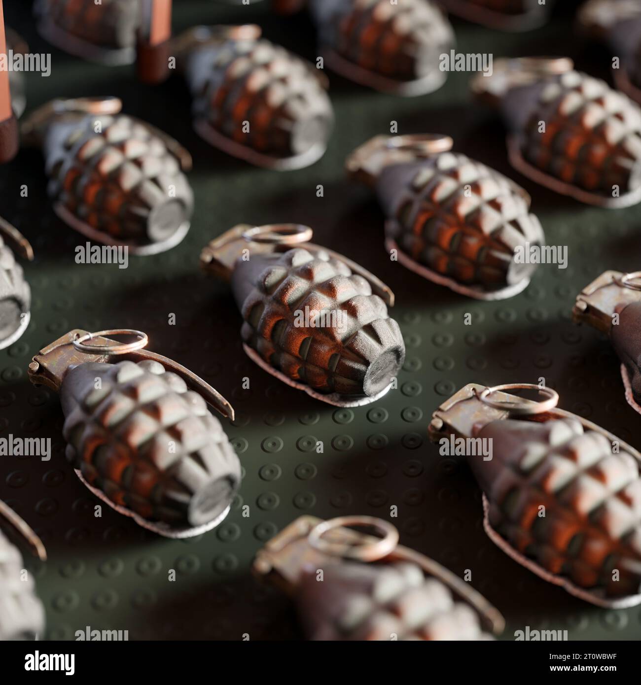 This image features a conveyor belt filled with hand frag grenades, a