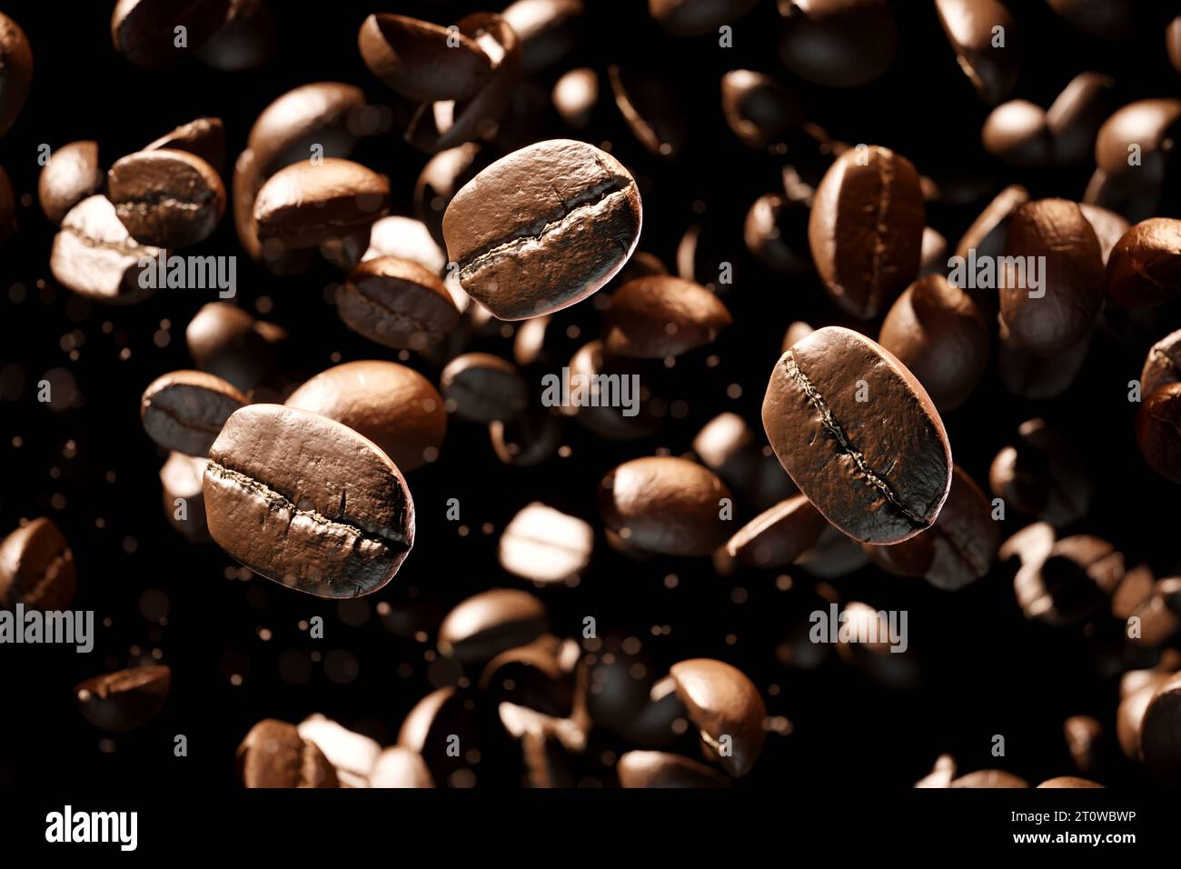 Brown roasted Arabica or Robusta coffee beans falling against a dark