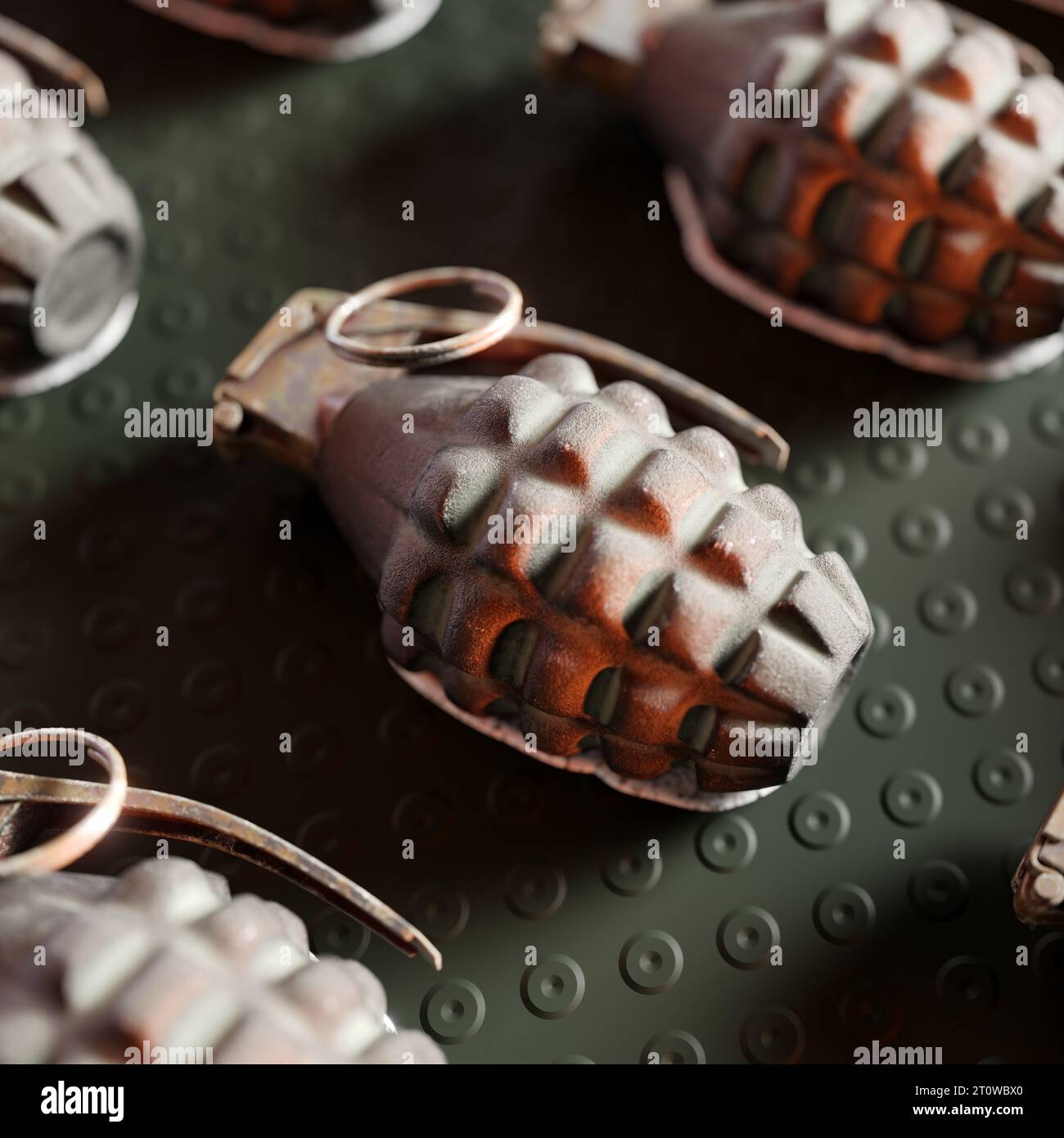 This image features a conveyor belt filled with hand frag grenades, a