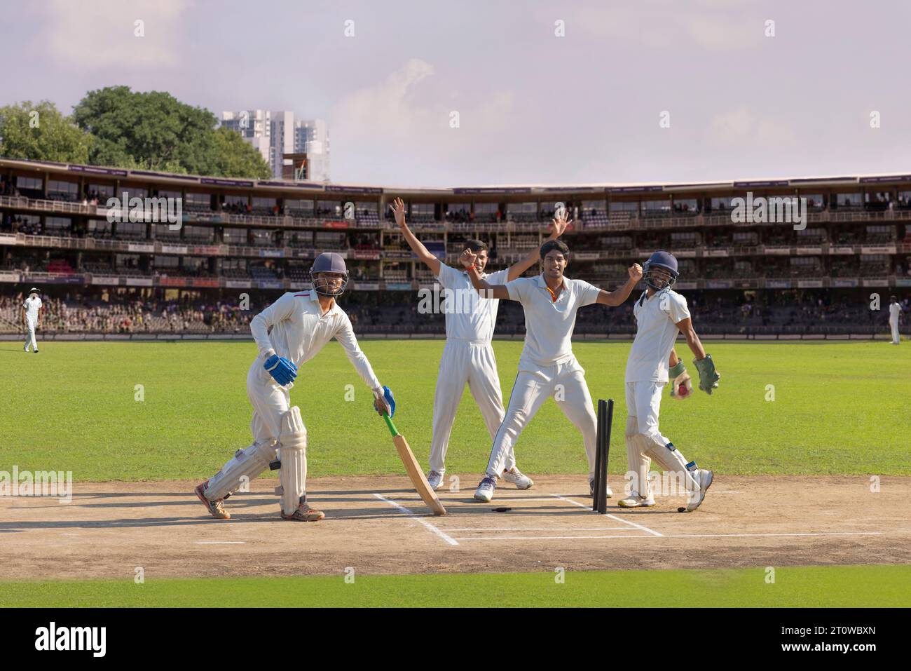 A wicketkeeper and his team mates appealing to the squarleg umpire for
