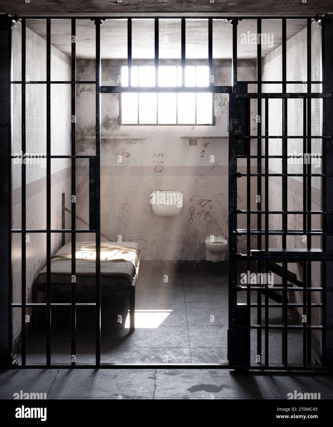 In a desolate prison cell, the rays of sunlight pour through the open window, casting a warm and radiant glow upon the bed. This image captures the ju Stock Photo