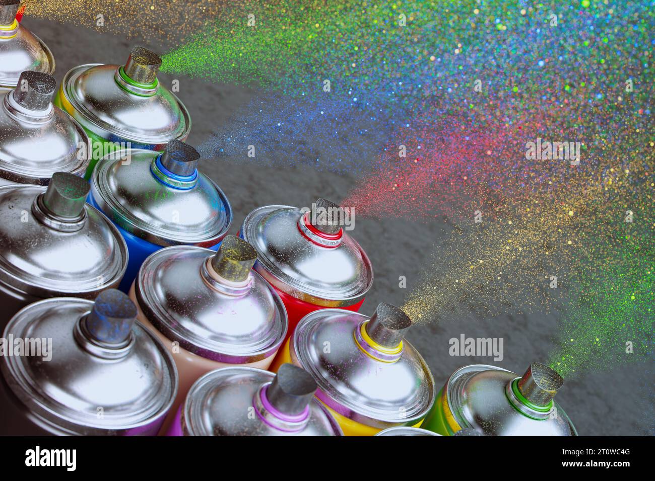 Colorful spray paint cans standing in a row. Acrylic paint in aerosol