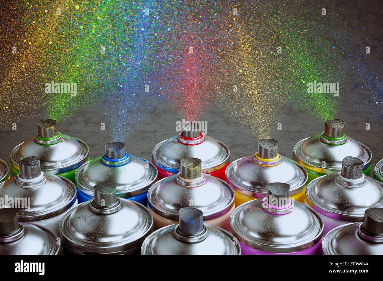 Colorful spray paint cans standing in a row. Acrylic paint in aerosol