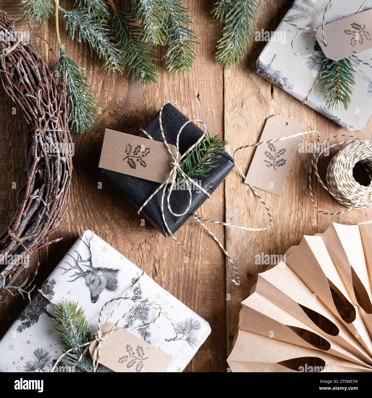xmas flatlay composition with christmas  presents Stock Photo