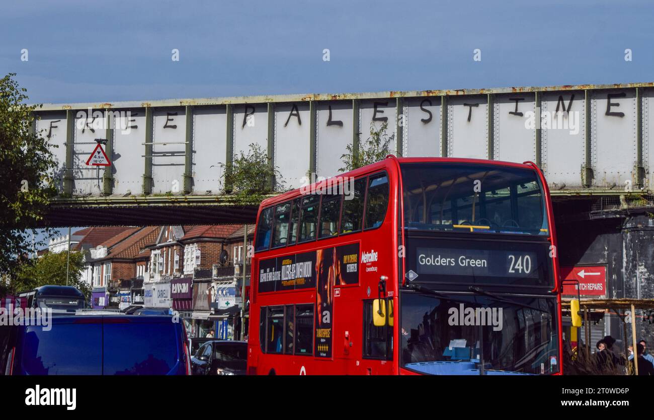 London, England, UK. 9th Oct, 2023. ProPalestine graffiti appears on a