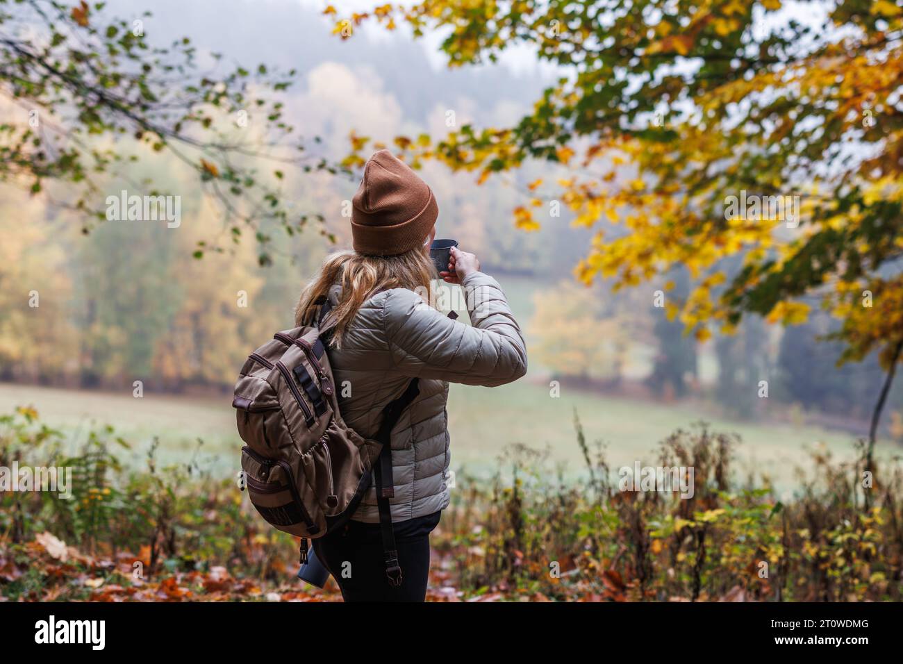 Refreshment during hike in autumn forest. Woman drinking hot drink while resting outdoors Stock Photo