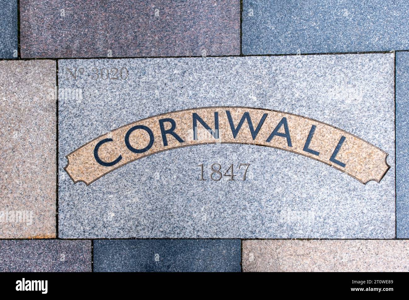 Paving slab in West Street Crewe saying Cornwall, train build at Crewe Works No 3020 in 1847 Stock Photo