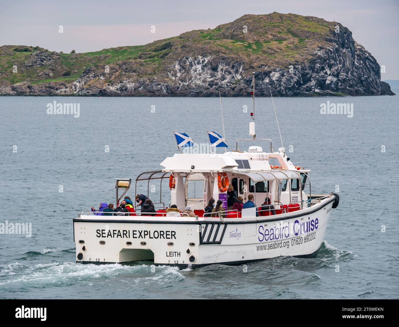 Seafari tourist cruise boat heading out of North Berwick harbour in lockdown easing after pandemic East Lothian, Scotland, UK Stock Photo