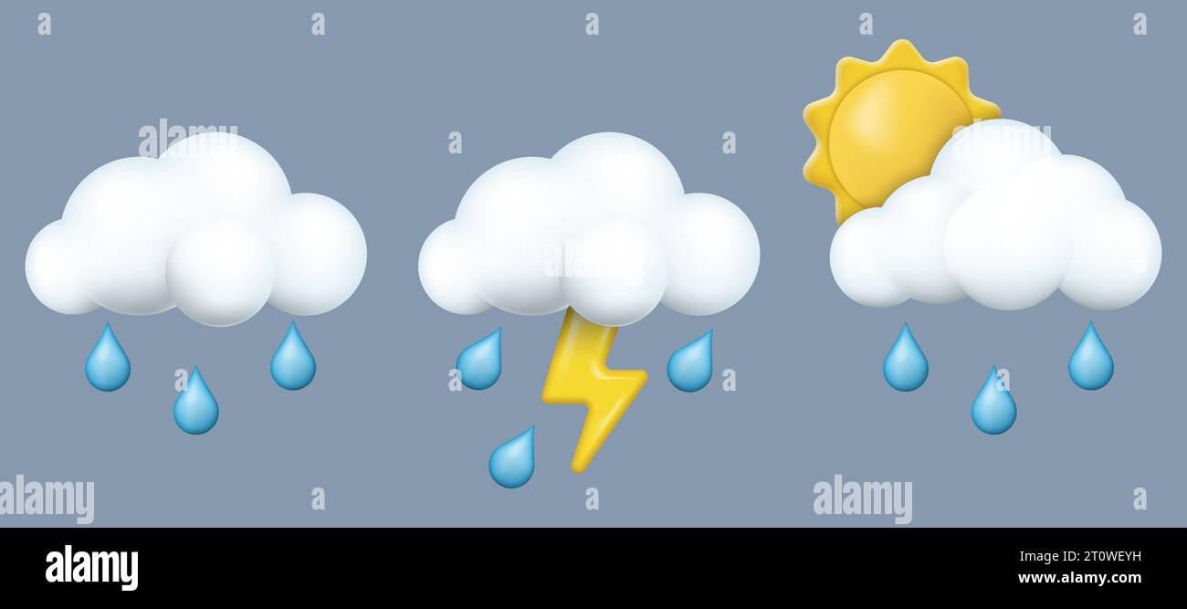 Set of cloud 3d with raindrops, lightning and sun. Vector illustration. Eps 10. Stock Vector
