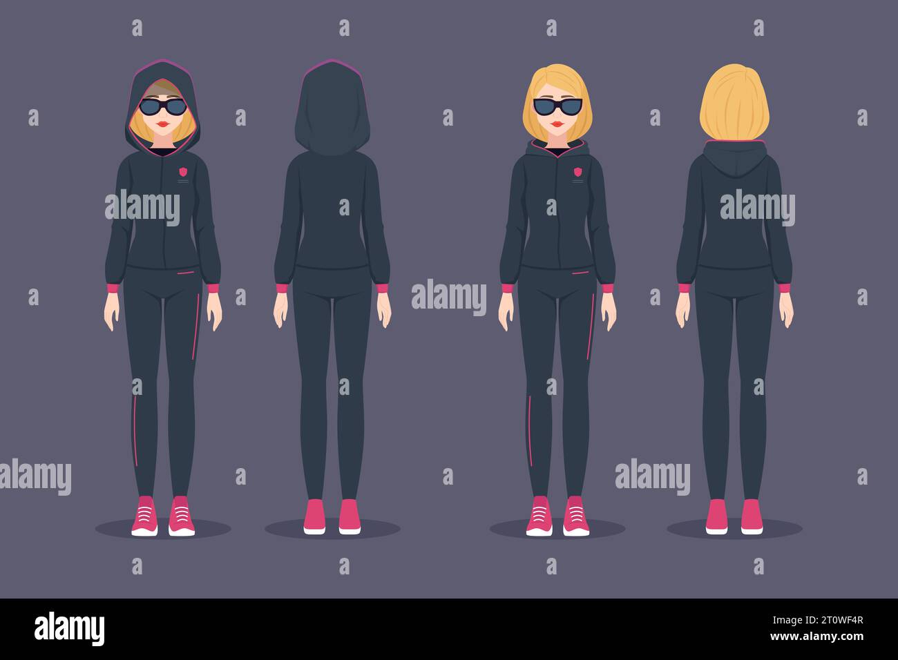 Information security girl in dark sport costume with hood. Character poses pack fron and back. Woman illustartion for game. advertisign or education Stock Vector