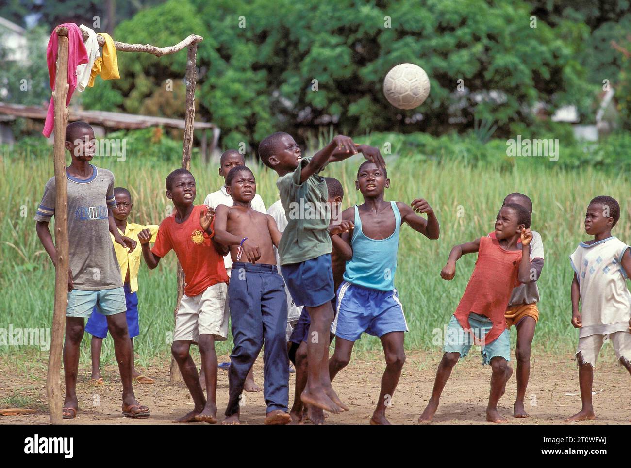 Liberia, Monrovia; children playing soccer. Stock Photo