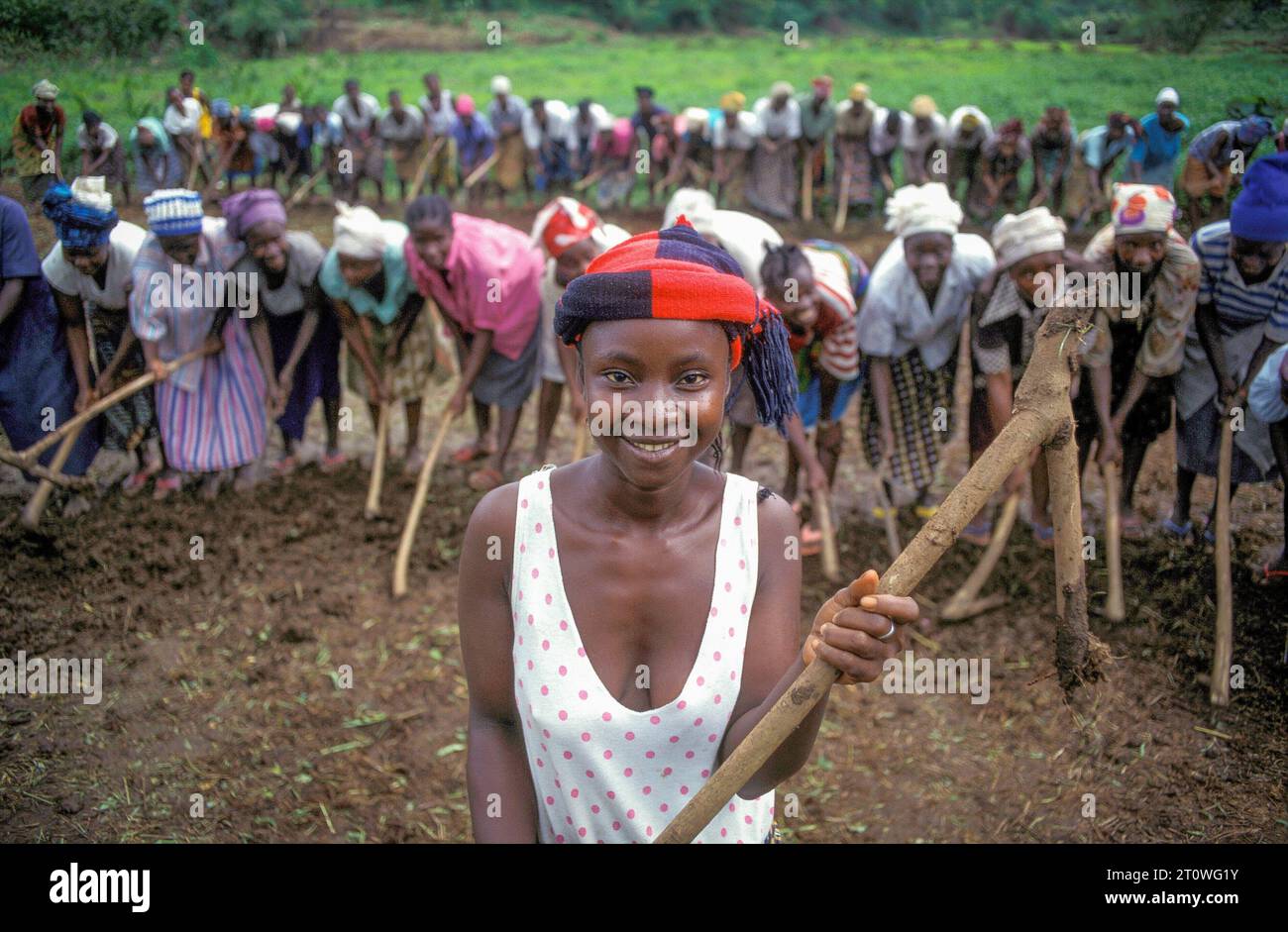 Liberia, outside Monrovia a woman with a wooden hoe made from a tree branch Stock Photo