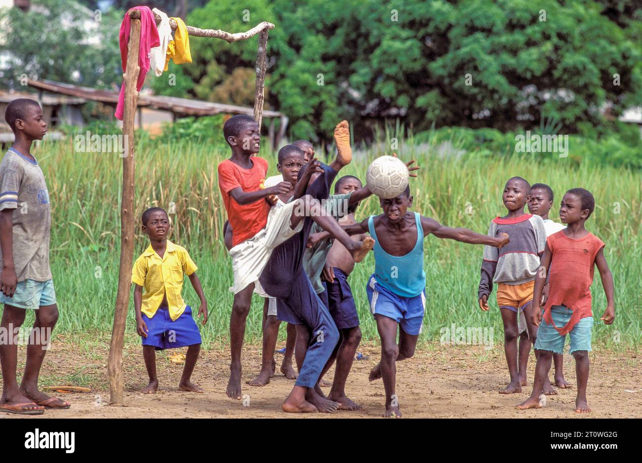 Liberia, Monrovia; children playing soccer. Stock Photo