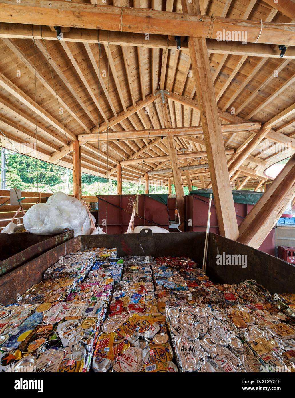 Waste recycling centre with crushed tin cans. Kamikatsu Zero Waste Centre and Y hotel, Kamikatsu