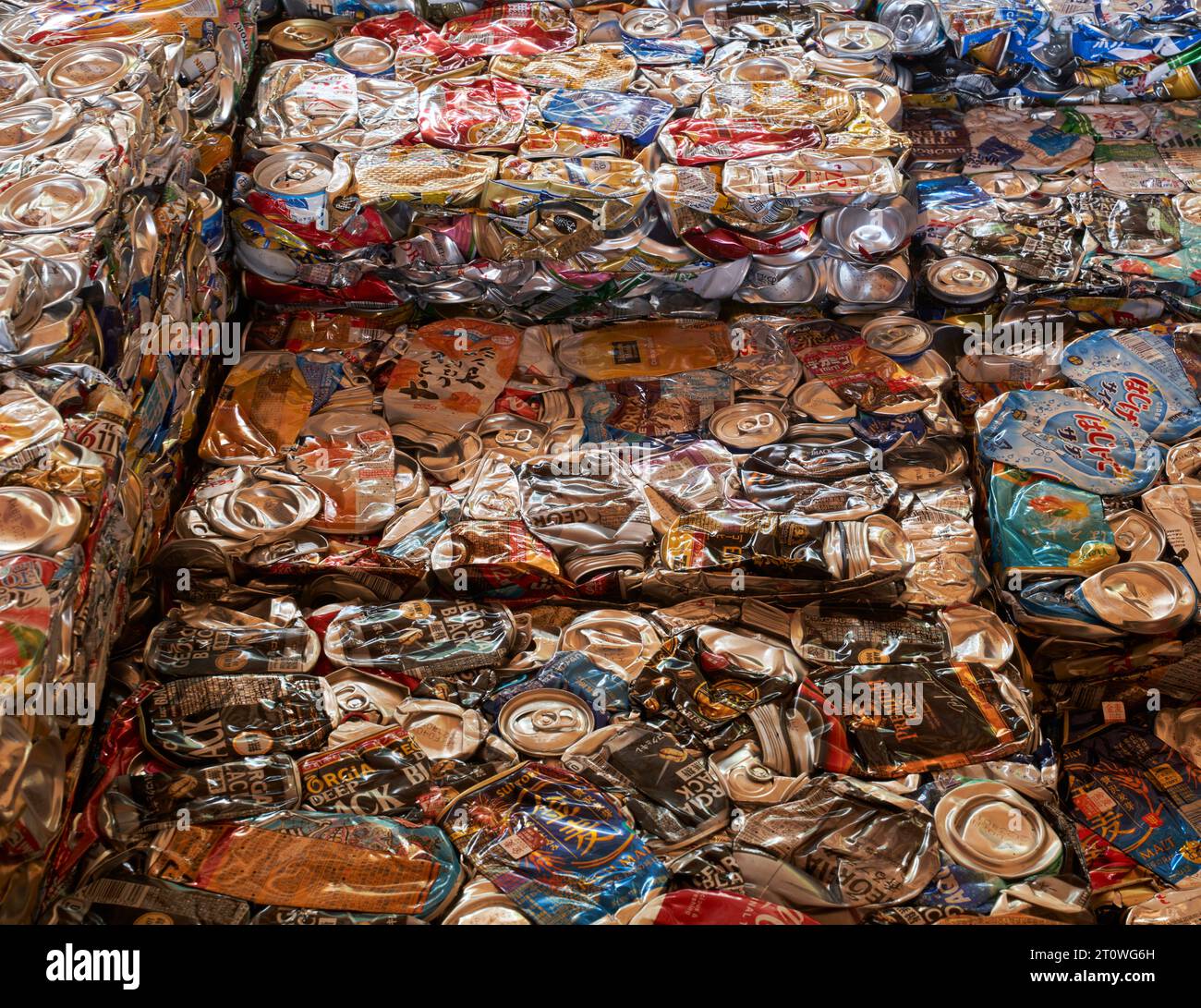 Waste recycling centre with crushed tin cans. Kamikatsu Zero Waste Centre and Y hotel, Kamikatsu