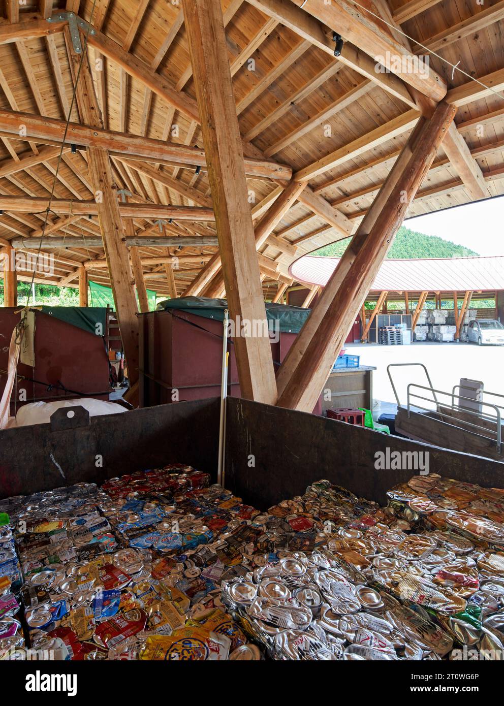 Waste recycling centre with crushed tin cans. Kamikatsu Zero Waste Centre and Y hotel, Kamikatsu