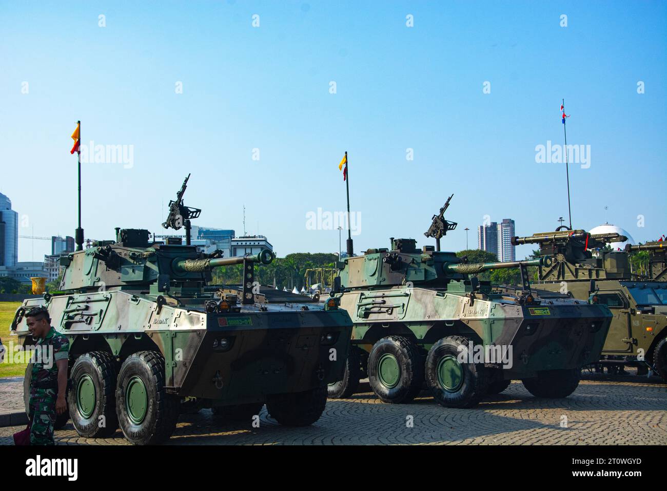 Indonesian army combat vehicle parade in Jakarta. Stock Photo
