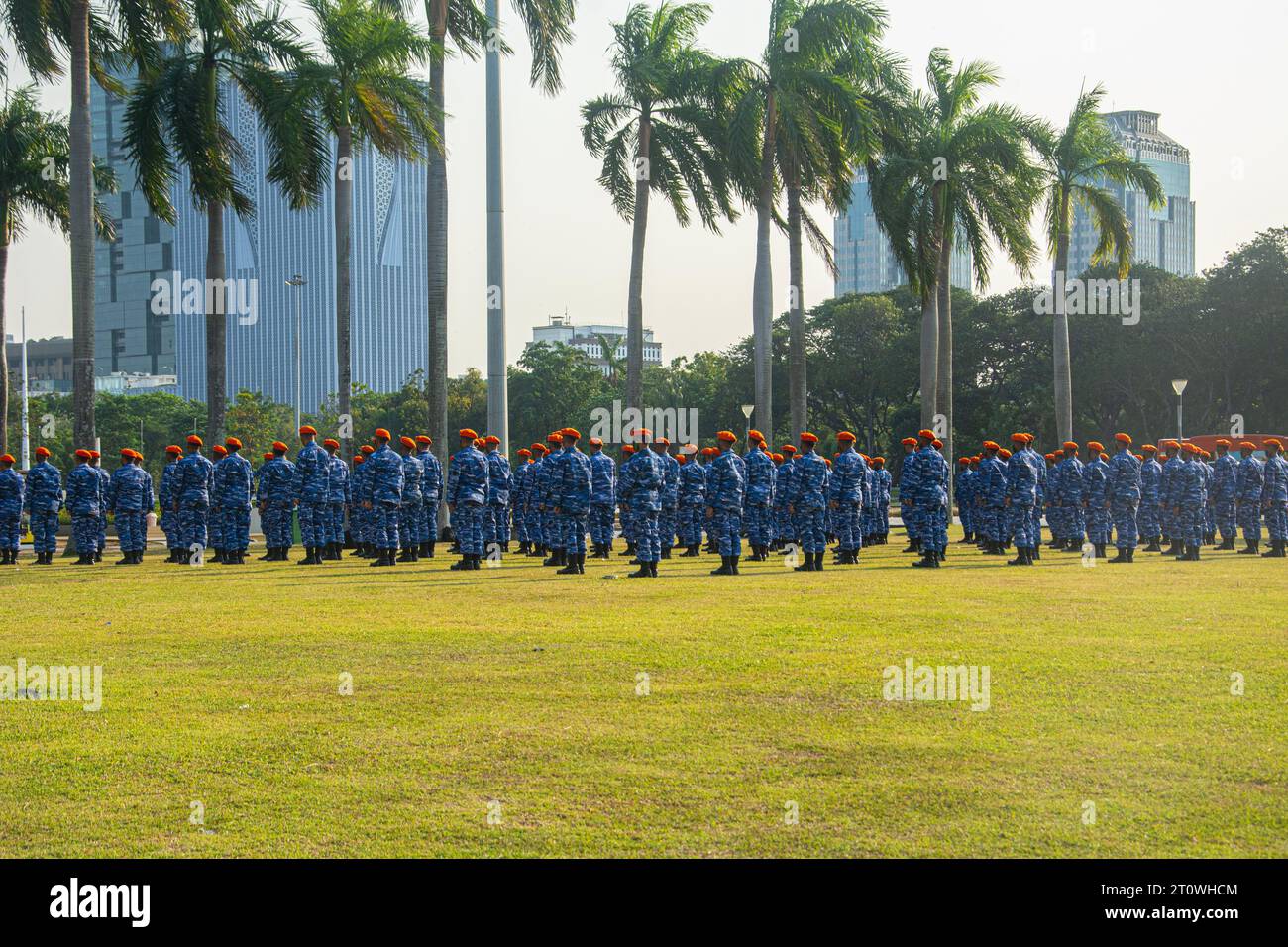 Indonesian Air Force military troops are lining up neatly in a park Stock Photo