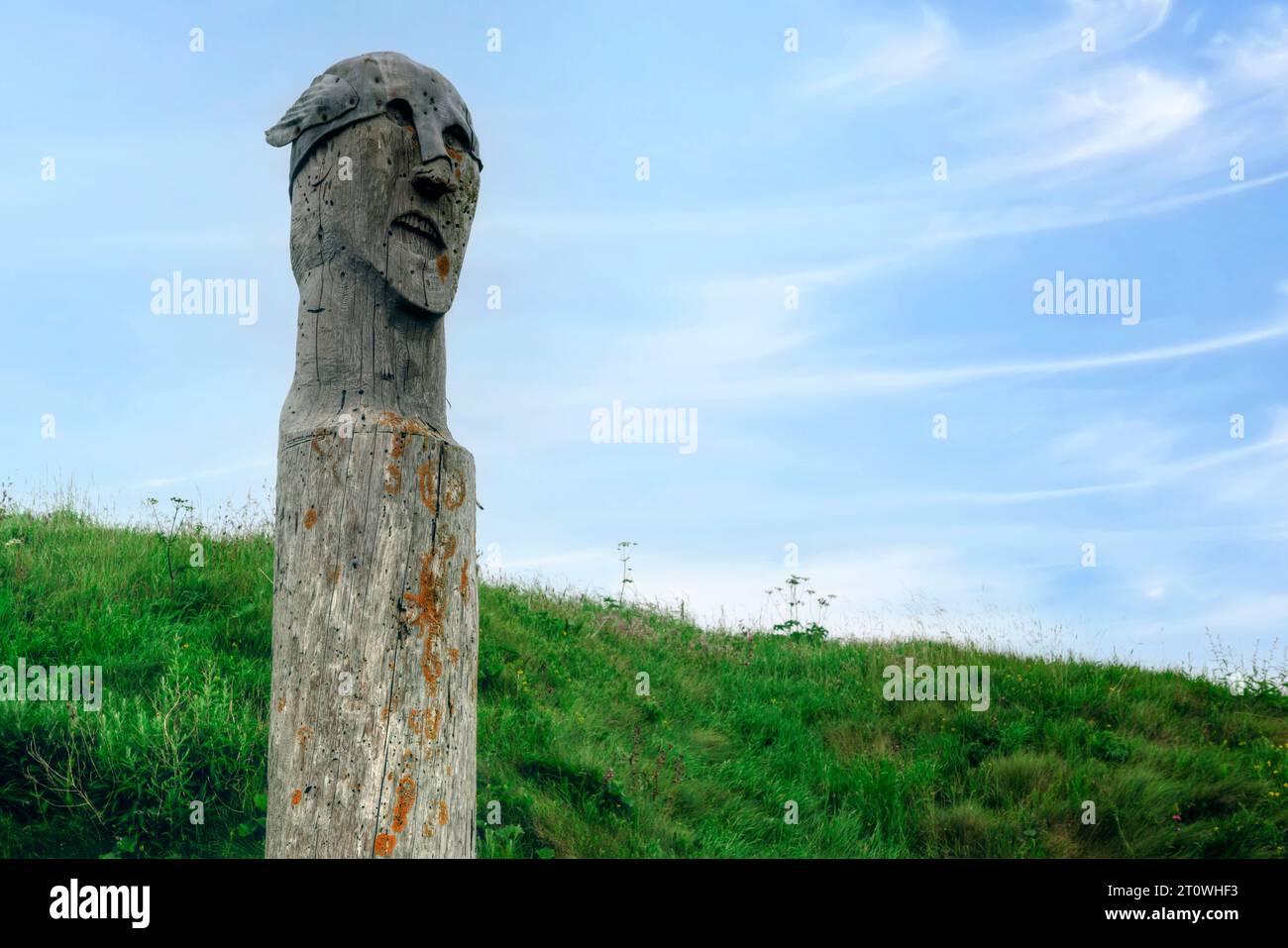 The wooden carved Viking Totem Pole in Burray, Orkney Stock Photo