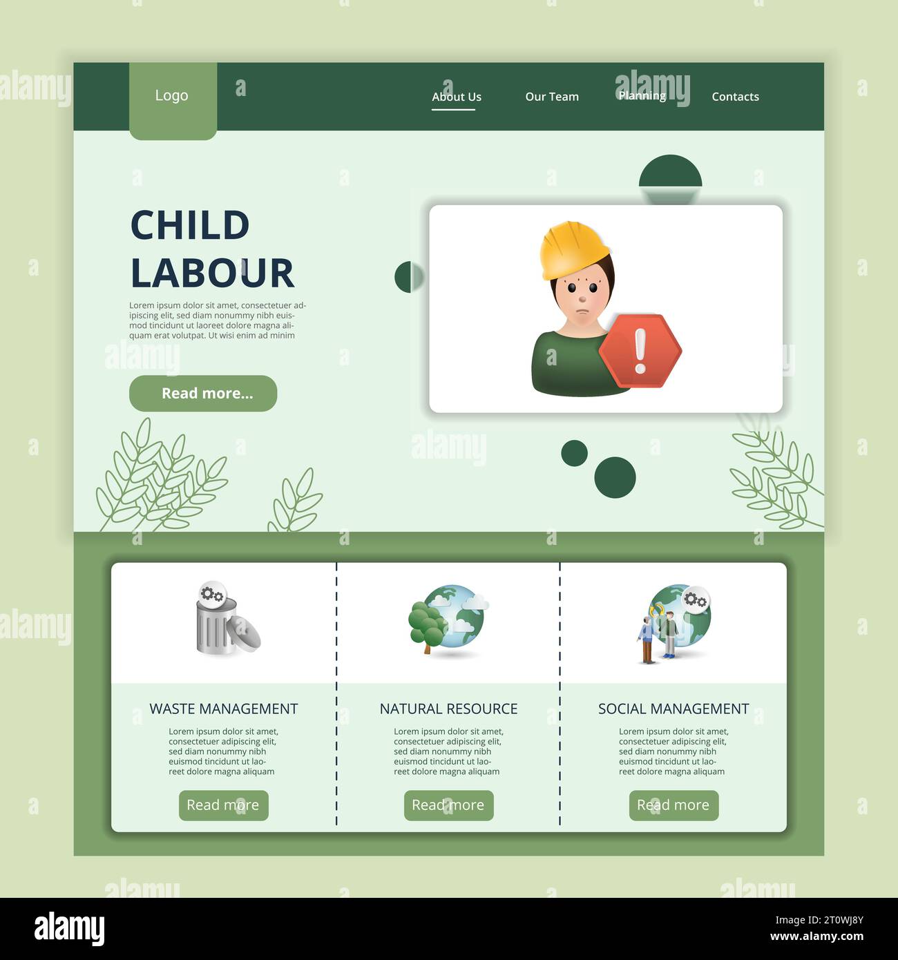 Child labour flat landing page website template. Waste management, natural resource, social management. Web banner with header, content and footer Stock Vector