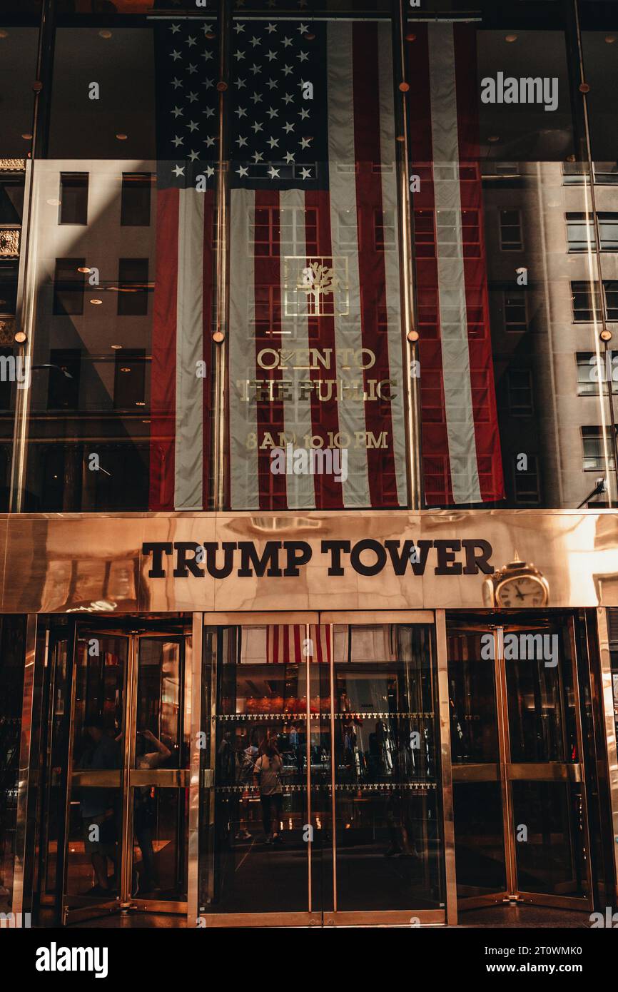 Golden logo sign of TRUMP TOWER on 5th Avenue in Manhattan, NYC USA. Residence of president elect Donald Trump Stock Photo